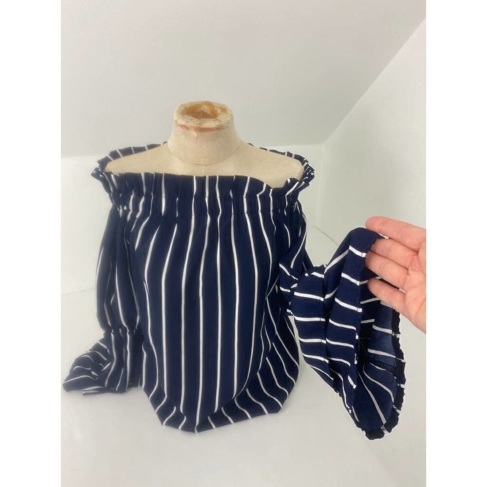 Off Shoulder Blue White Striped Blouse with Bell Sleeves - Approx. Size 2